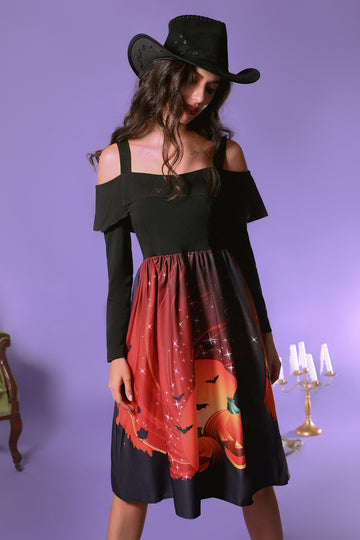 Halloween Pumpkin Printed Black Orange Cold Shoulder VIntage Dress